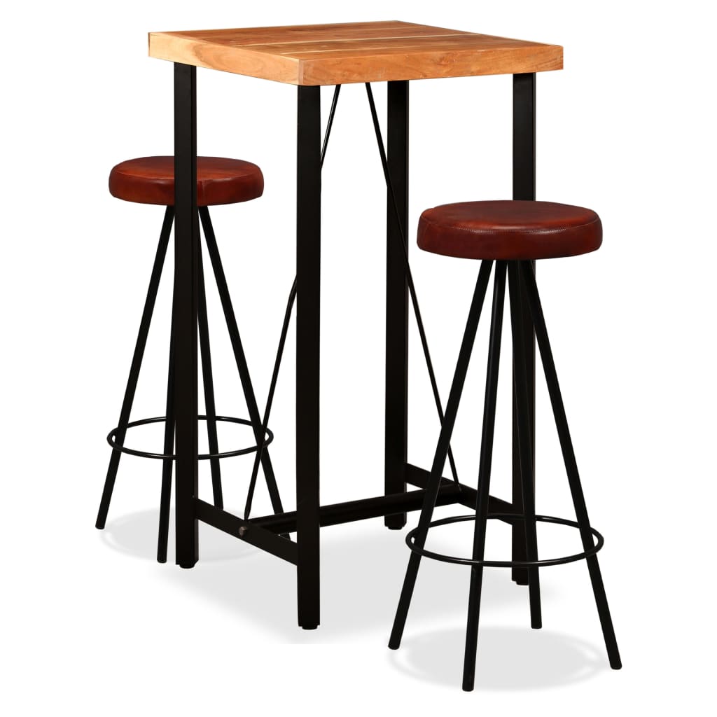 Ensemble de bar 3 pcs Bois d'acacia massif et cuir véritable Meubles de salle à manger vidaXL   