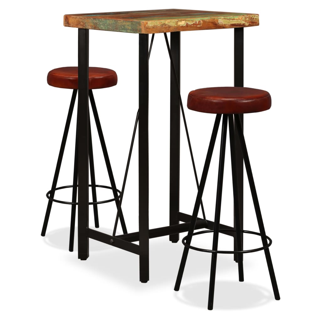 Ensemble de bar 3 pcs Bois massif recyclé et cuir véritable Meubles de salle à manger vidaXL   