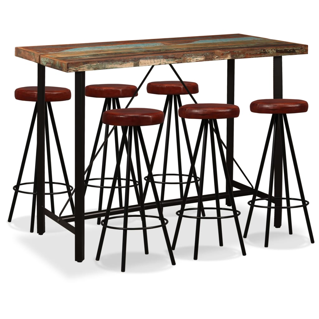 Ensemble de bar 7 pcs Bois massif recyclé et cuir véritable Meubles de salle à manger vidaXL   