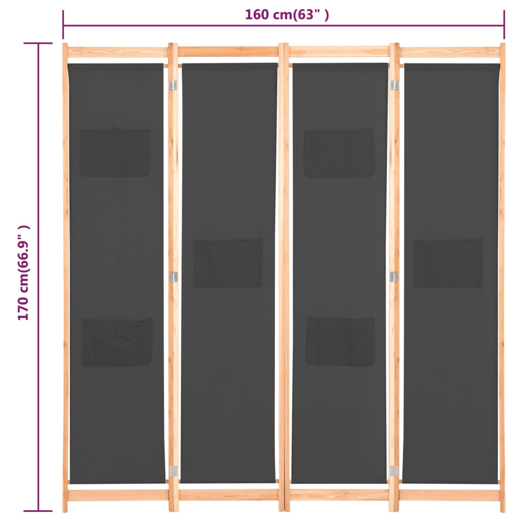 Cloison de séparation 4 panneaux Gris 160x170x4 cm Tissu Séparateurs de pièces vidaXL   