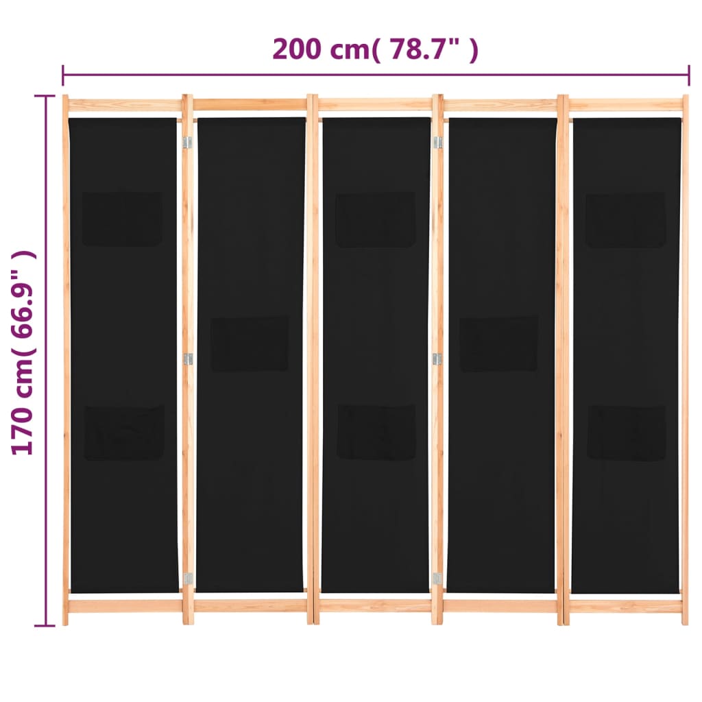 Cloison de séparation 5 panneaux Noir 200 x 170 x 4 cm Tissu Séparateurs de pièces vidaXL   