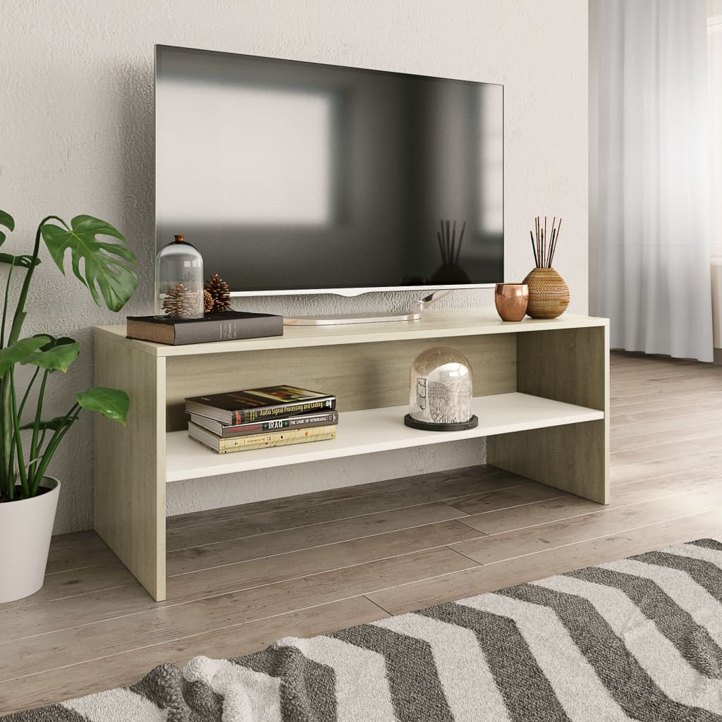 Meuble TV Blanc et chêne sonoma 100x40x40 cm Bois d'ingénierie Meubles TV vidaXL