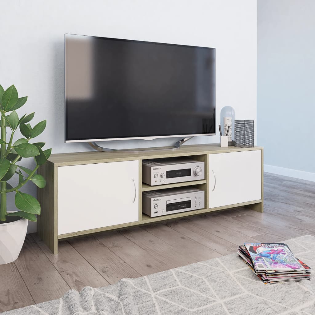 Meuble TV Blanc et chêne sonoma 120x30x37,5cm Bois d’ingénierie Meubles TV vidaXL