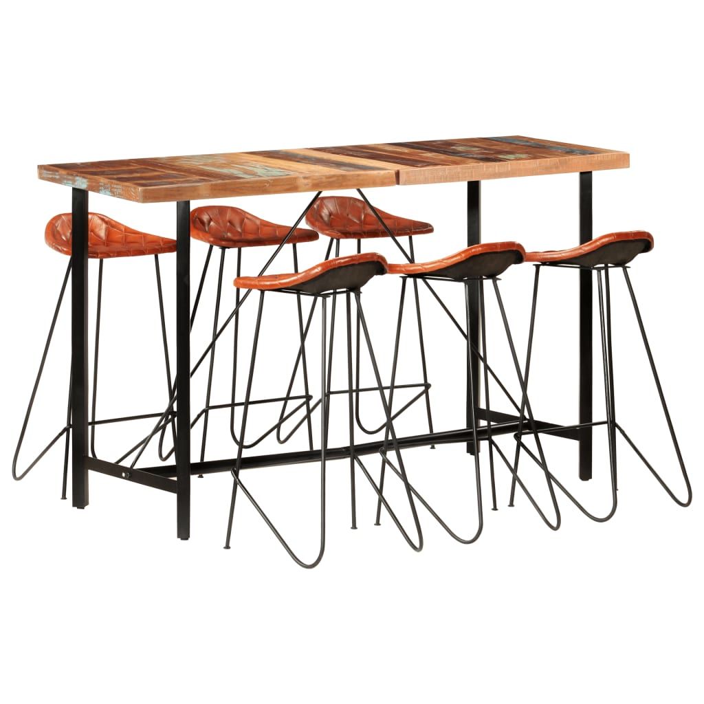 Ensemble de bar 7 pcs Bois de récupération et cuir véritable Meubles de salle à manger vidaXL   