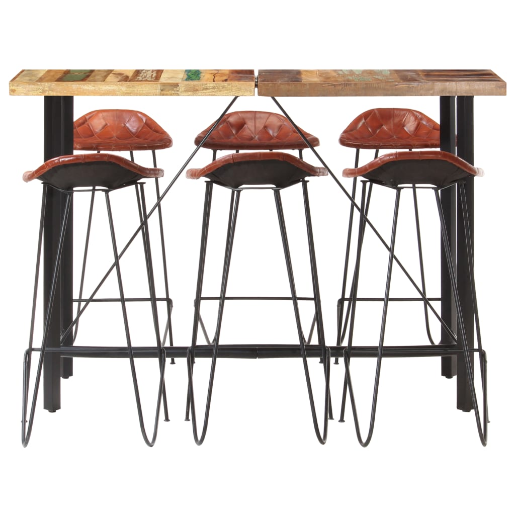 Ensemble de bar 7 pcs Bois de récupération et cuir véritable Meubles de salle à manger vidaXL   