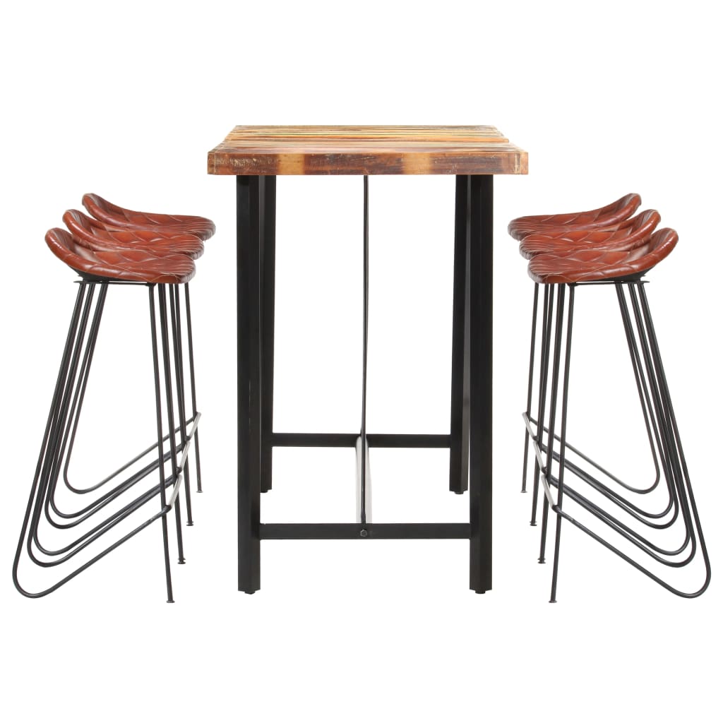 Ensemble de bar 7 pcs Bois de récupération et cuir véritable Meubles de salle à manger vidaXL   