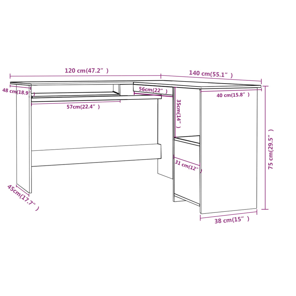 Bureau d'angle en forme de L Noir 120x140x75cm bois ingénierie Bureaux vidaXL