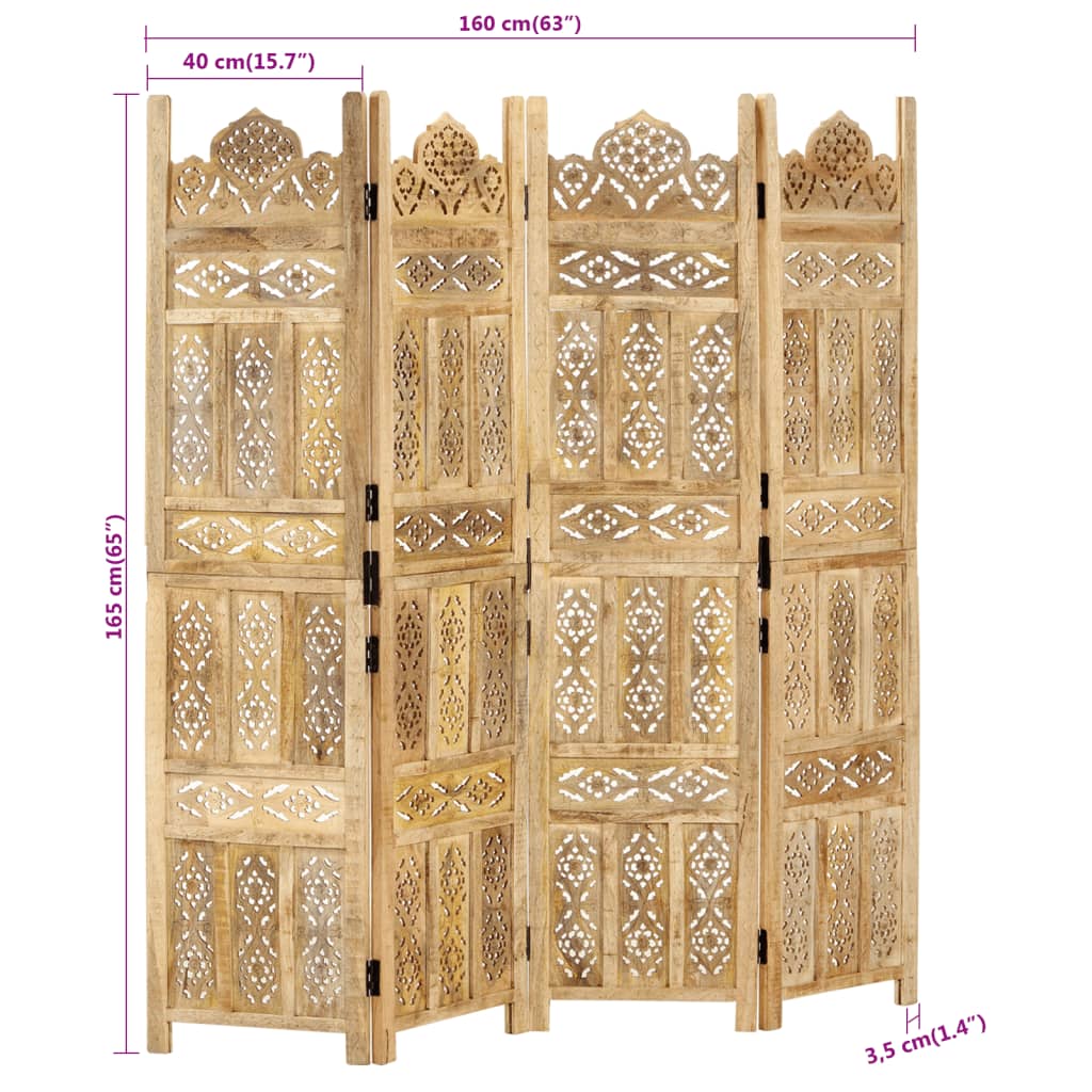 Cloison de séparation 4 panneaux 160x165 cm Bois de manguier Séparateurs de pièces vidaXL