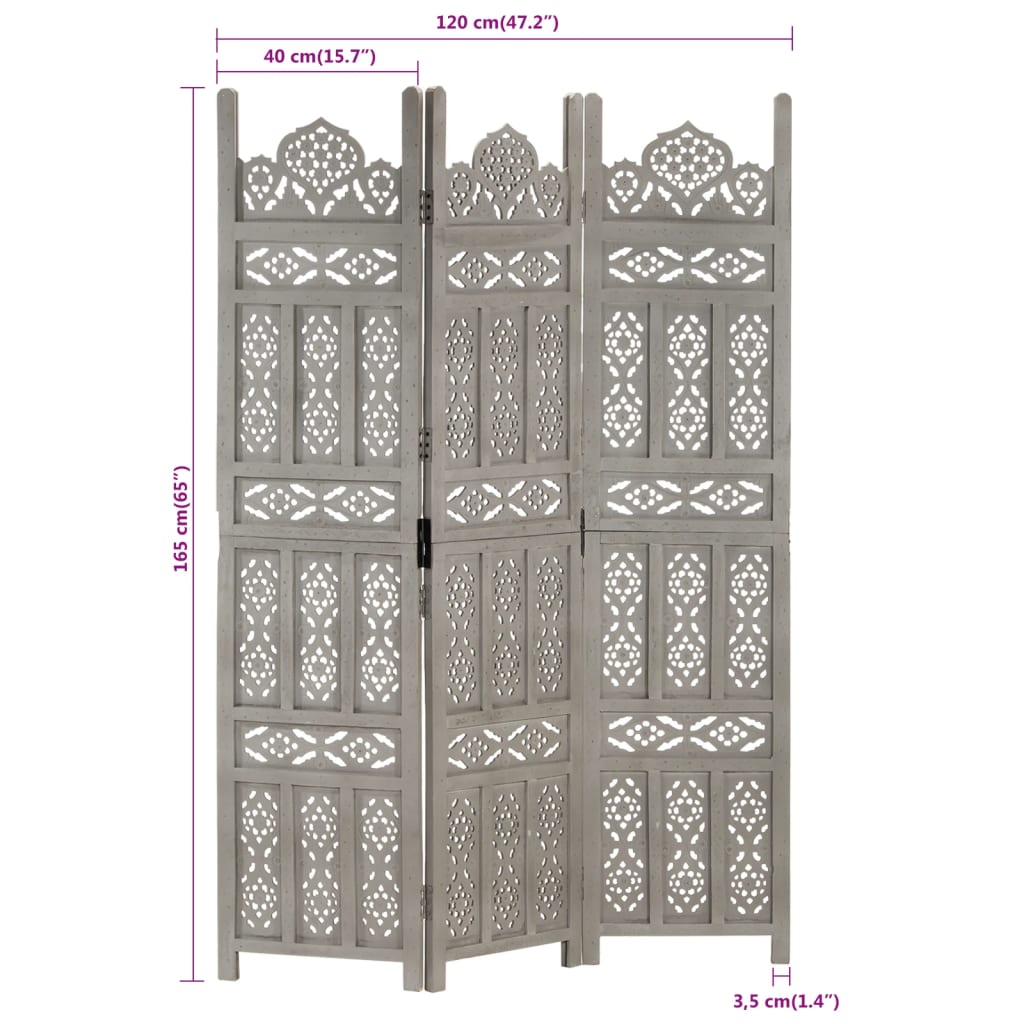 Cloison de séparation 3 panneaux Gris 120x165 cm Bois manguier Séparateurs de pièces vidaXL   