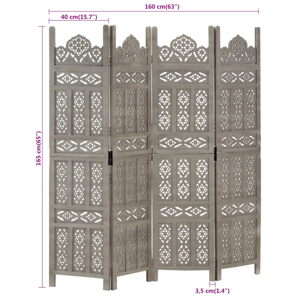 Cloison de séparation 4 panneaux Gris 160x165 cm Bois manguier Séparateurs de pièces vidaXL