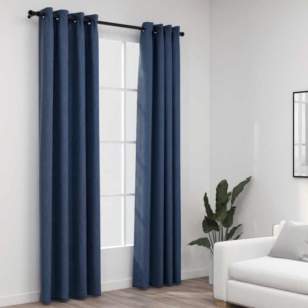 Rideaux occultants Aspect lin avec œillets 2 pcs Bleu 140x225cm Rideaux vidaXL   