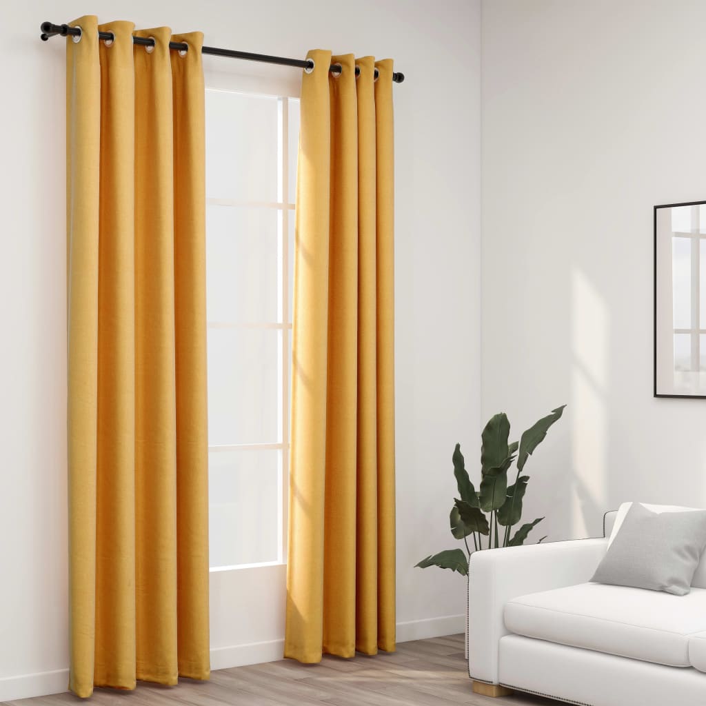 Rideaux occultants Aspect lin à œillets 2 pcs Jaune 140x225 cm Rideaux vidaXL   