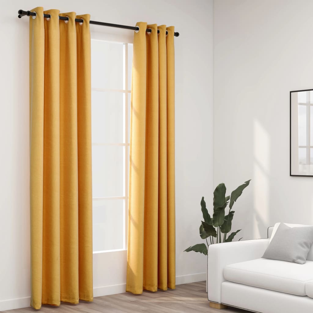 Rideaux occultants Aspect lin à œillets 2 pcs Jaune 140x245 cm Rideaux vidaXL   