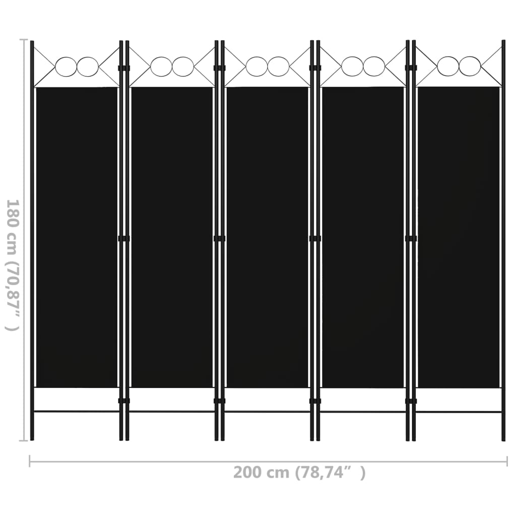 Cloison de séparation 5 panneaux Noir 200x180 cm Séparateurs de pièces vidaXL   