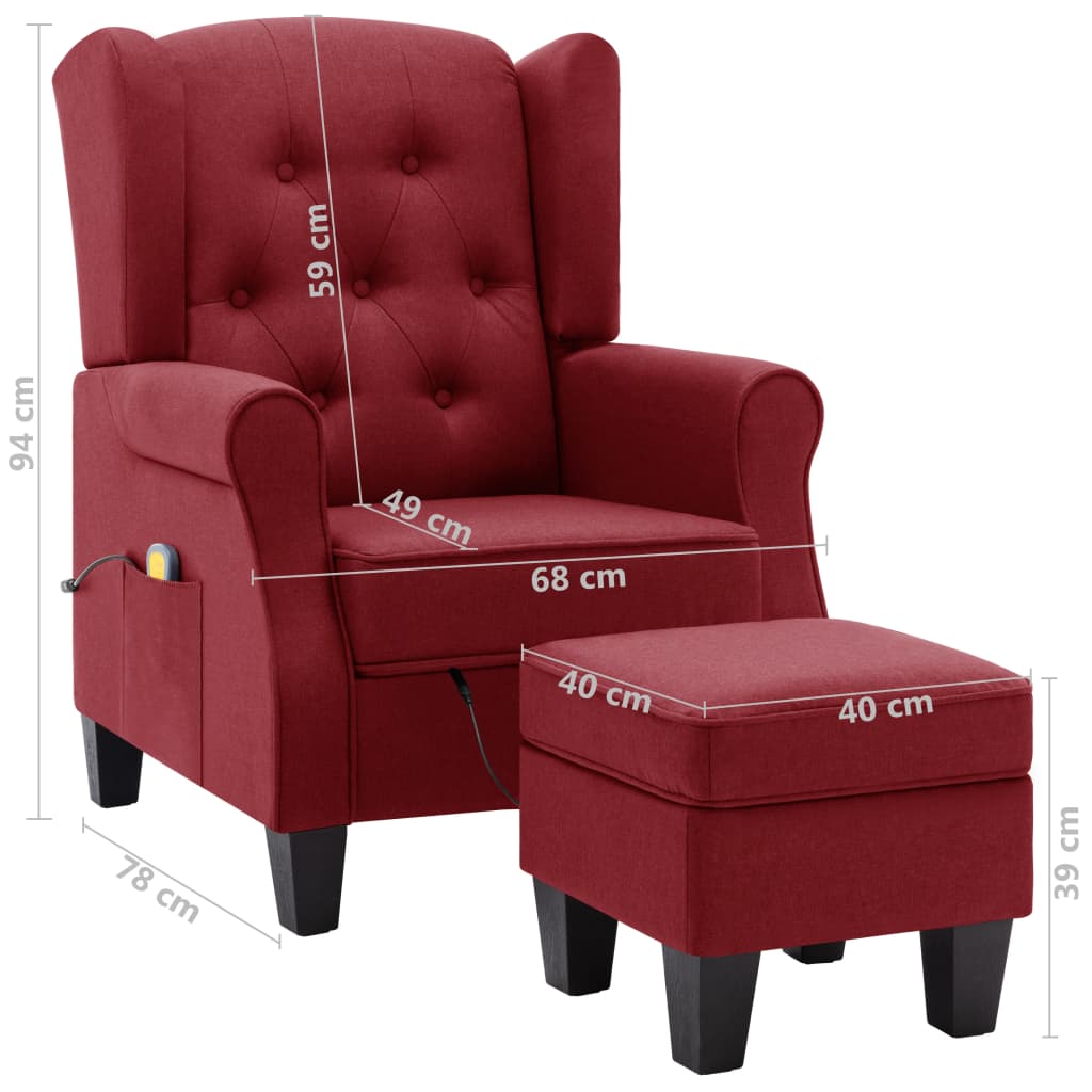 Fauteuil de massage avec repose-pied Rouge bordeaux Tissu Fauteuils électriques vidaXL   