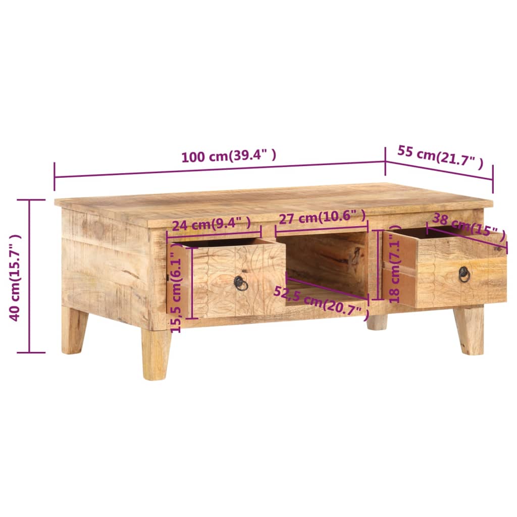 Table basse 100x55x40 cm Bois de manguier brut Tables basses vidaXL