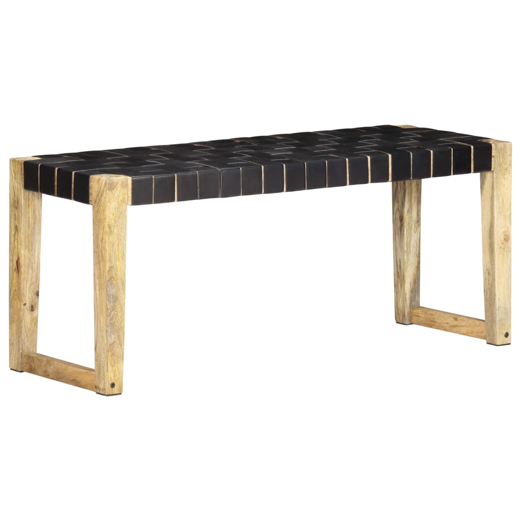 Banc 110 cm Noir Cuir véritable et bois de manguier massif Bancs de cuisine & salle à manger vidaXL   