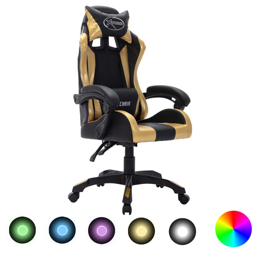 Fauteuil de jeux vidéo avec LED RVB Doré et noir Similicuir Chaises de bureau vidaXL   