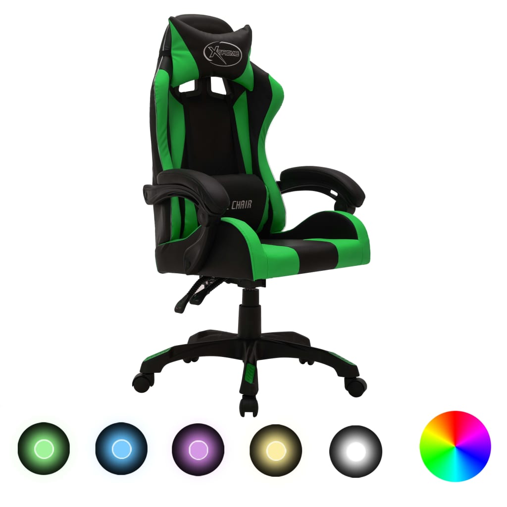 Fauteuil de jeux vidéo avec LED RVB Vert et noir Similicuir Chaises de bureau vidaXL   