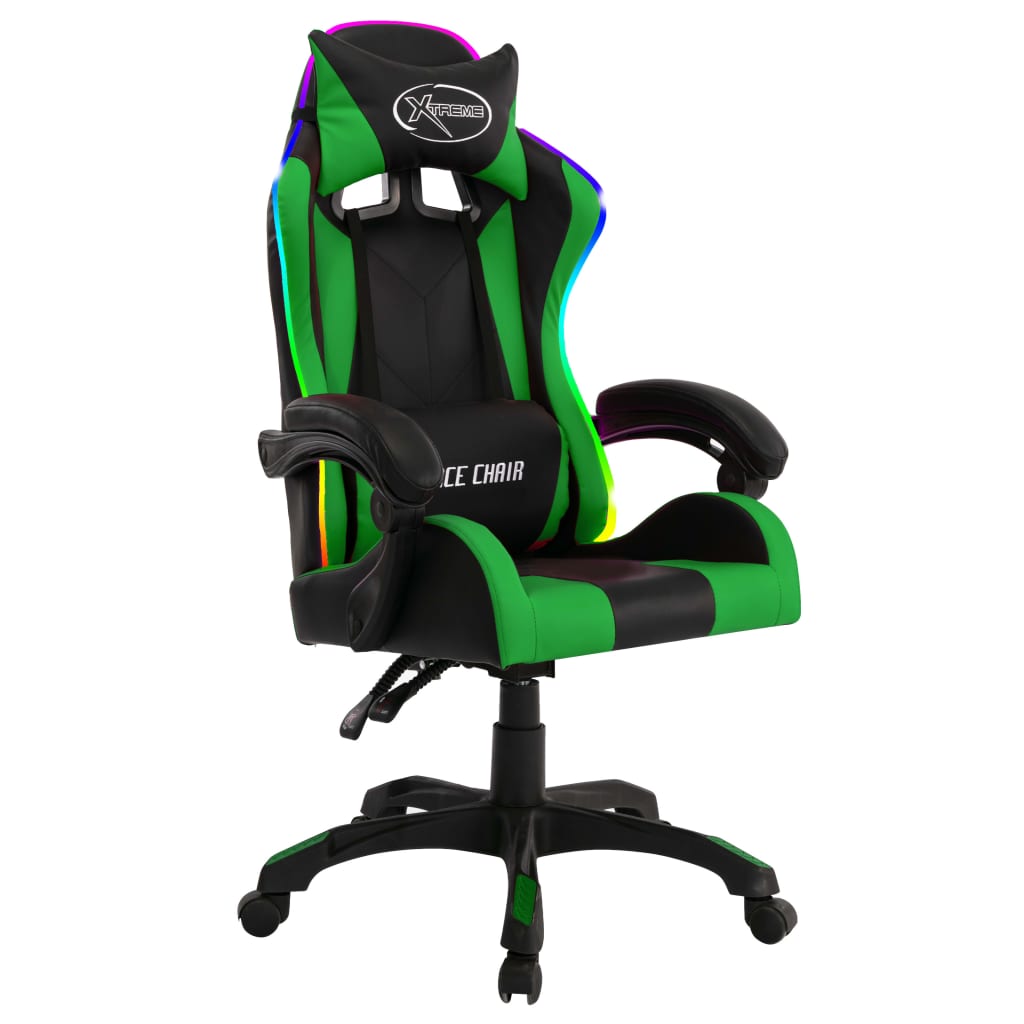 Fauteuil de jeux vidéo avec LED RVB Vert et noir Similicuir Chaises de bureau vidaXL   