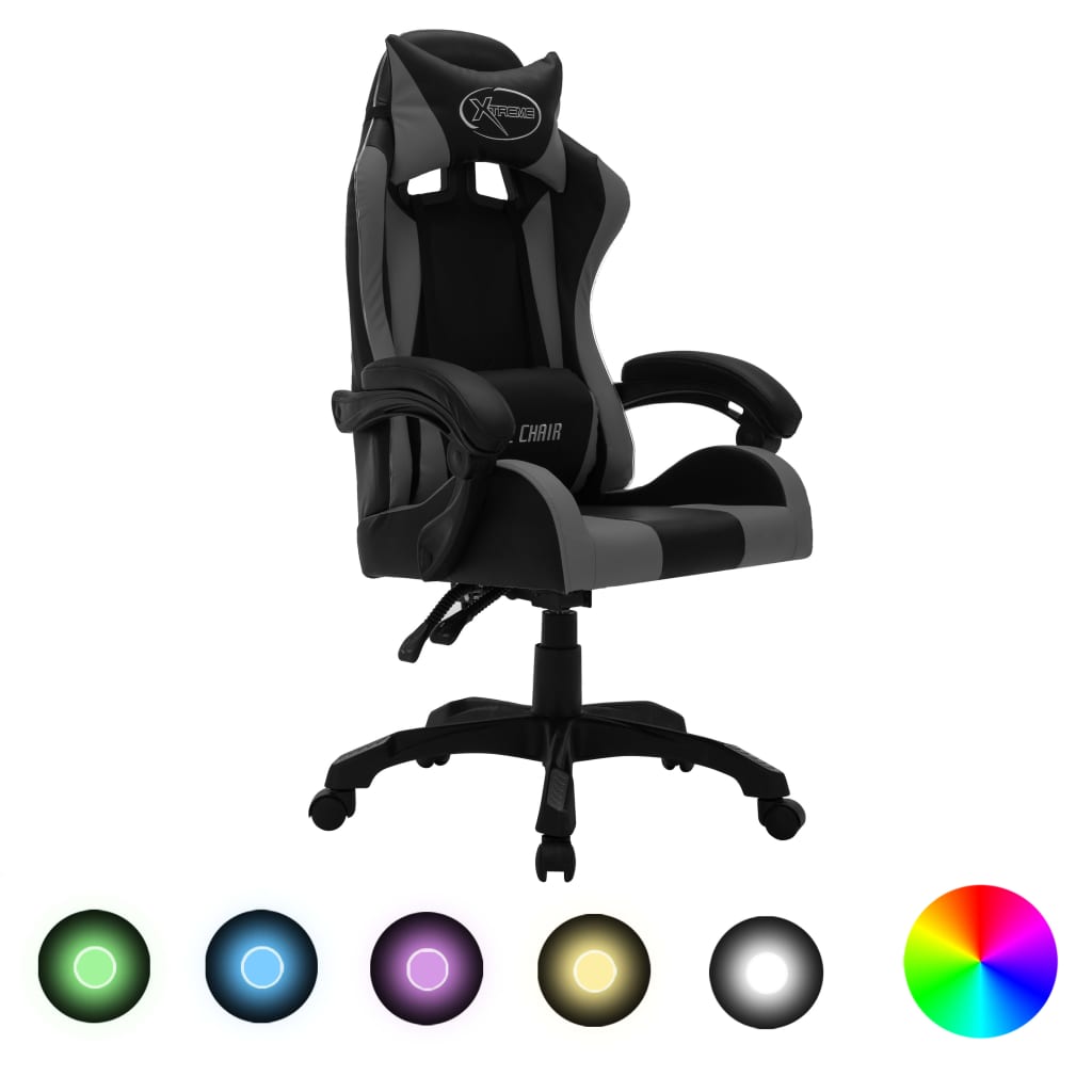 Fauteuil de jeux vidéo avec LED RVB Gris et noir Similicuir Chaises de bureau vidaXL   