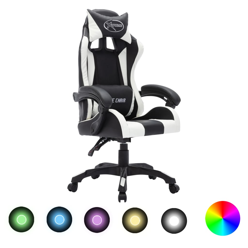 Fauteuil de jeux vidéo avec LED RVB Blanc et noir Similicuir Chaises de bureau vidaXL   