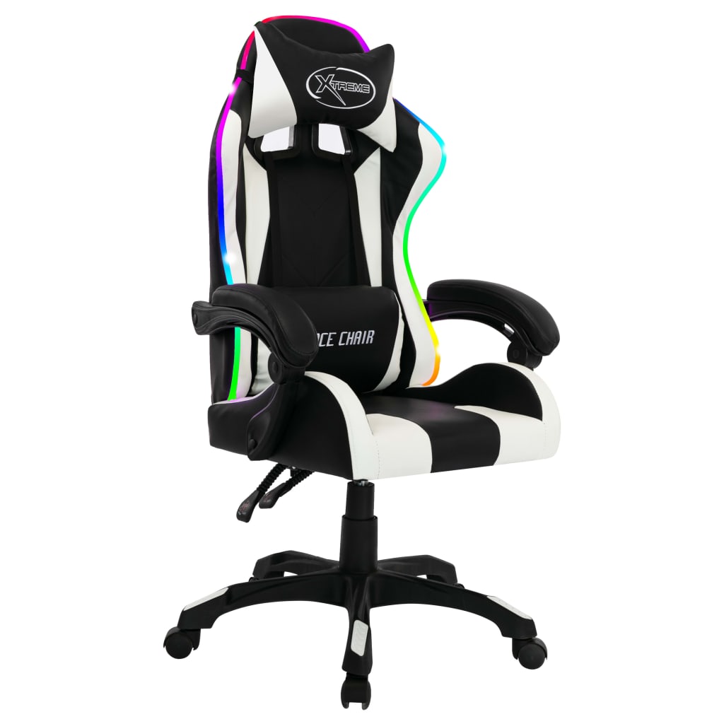 Fauteuil de jeux vidéo avec LED RVB Blanc et noir Similicuir Chaises de bureau vidaXL   