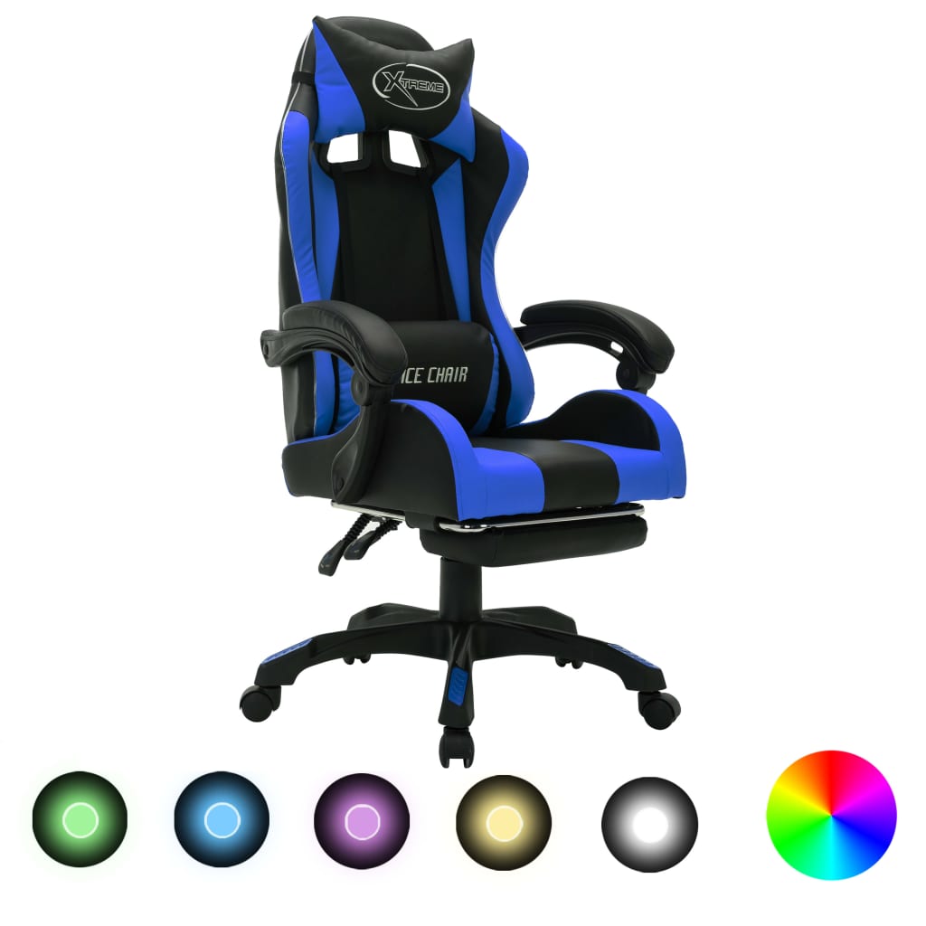 Fauteuil de jeux vidéo avec LED RVB Bleu et noir Similicuir Chaises de bureau vidaXL   