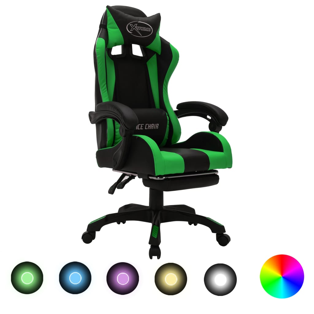 Fauteuil de jeux vidéo avec LED RVB Vert et noir Similicuir Chaises de bureau vidaXL   