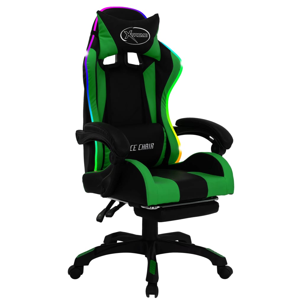 Fauteuil de jeux vidéo avec LED RVB Vert et noir Similicuir Chaises de bureau vidaXL   