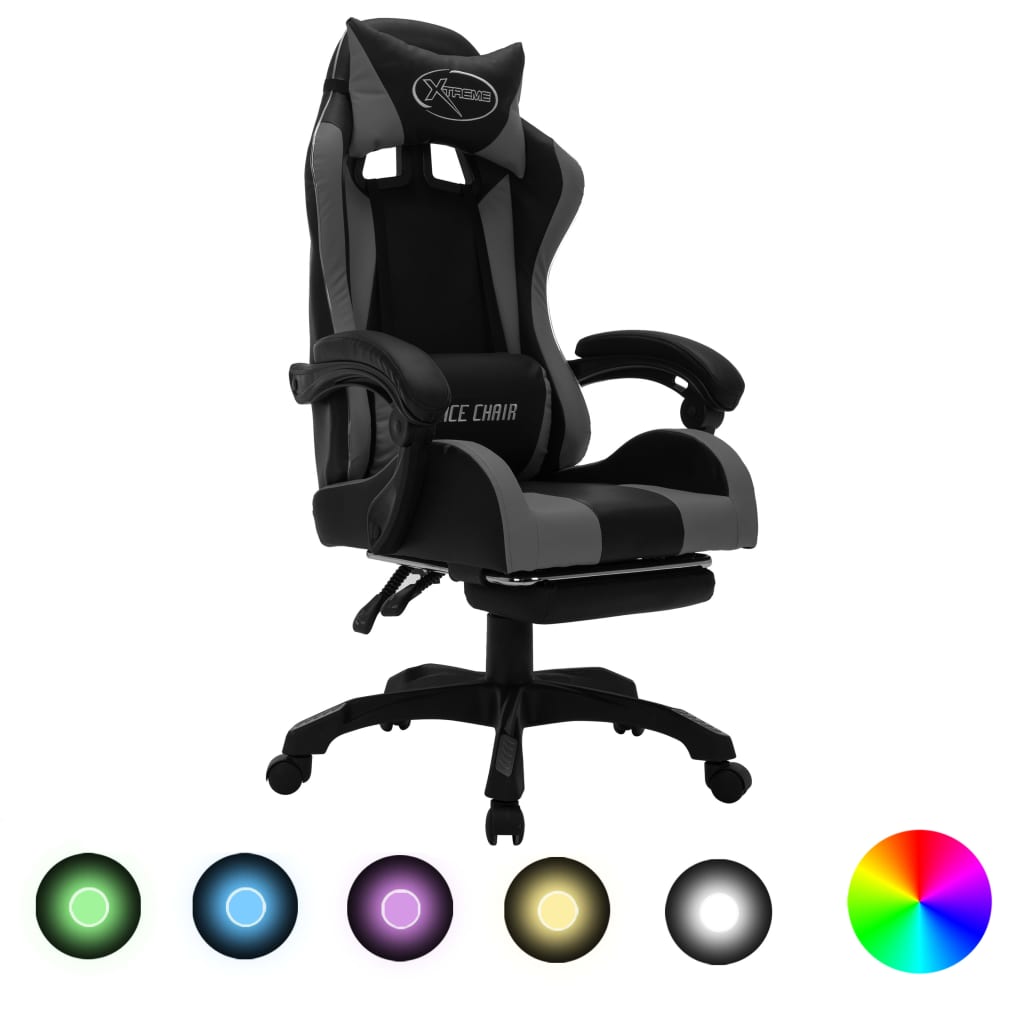 Fauteuil de jeux vidéo avec LED RVB Gris et noir Similicuir Chaises de bureau vidaXL   