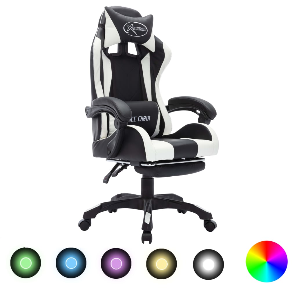 Fauteuil de jeux vidéo avec LED RVB Blanc et noir Similicuir Chaises de bureau vidaXL   