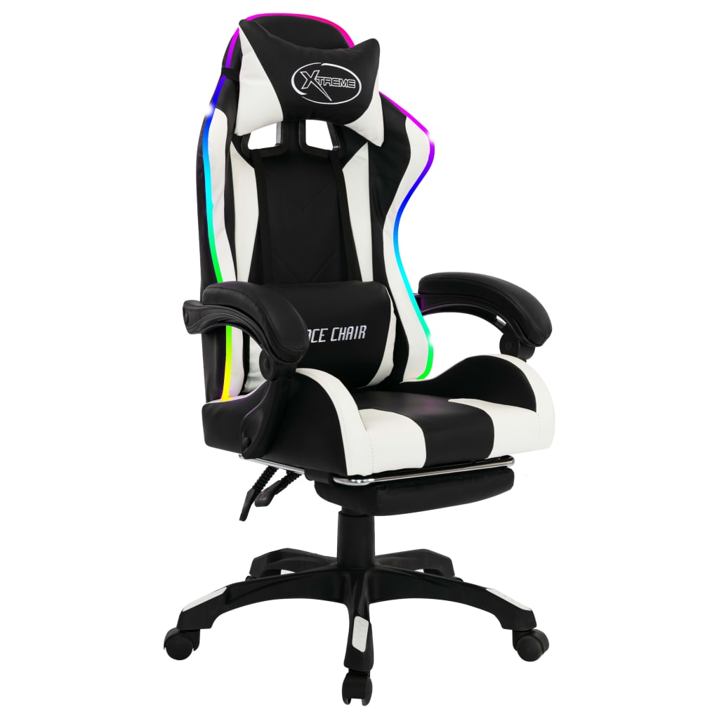 Fauteuil de jeux vidéo avec LED RVB Blanc et noir Similicuir Chaises de bureau vidaXL   