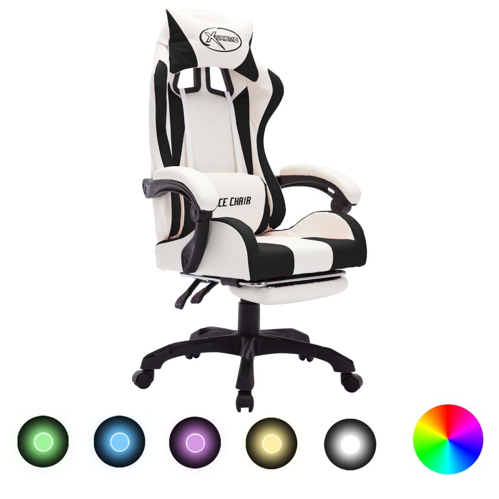 Fauteuil de jeux vidéo avec LED RVB Noir et blanc Similicuir Chaises de bureau vidaXL   