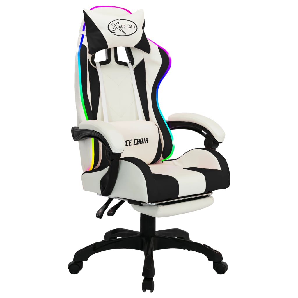 Fauteuil de jeux vidéo avec LED RVB Noir et blanc Similicuir Chaises de bureau vidaXL   