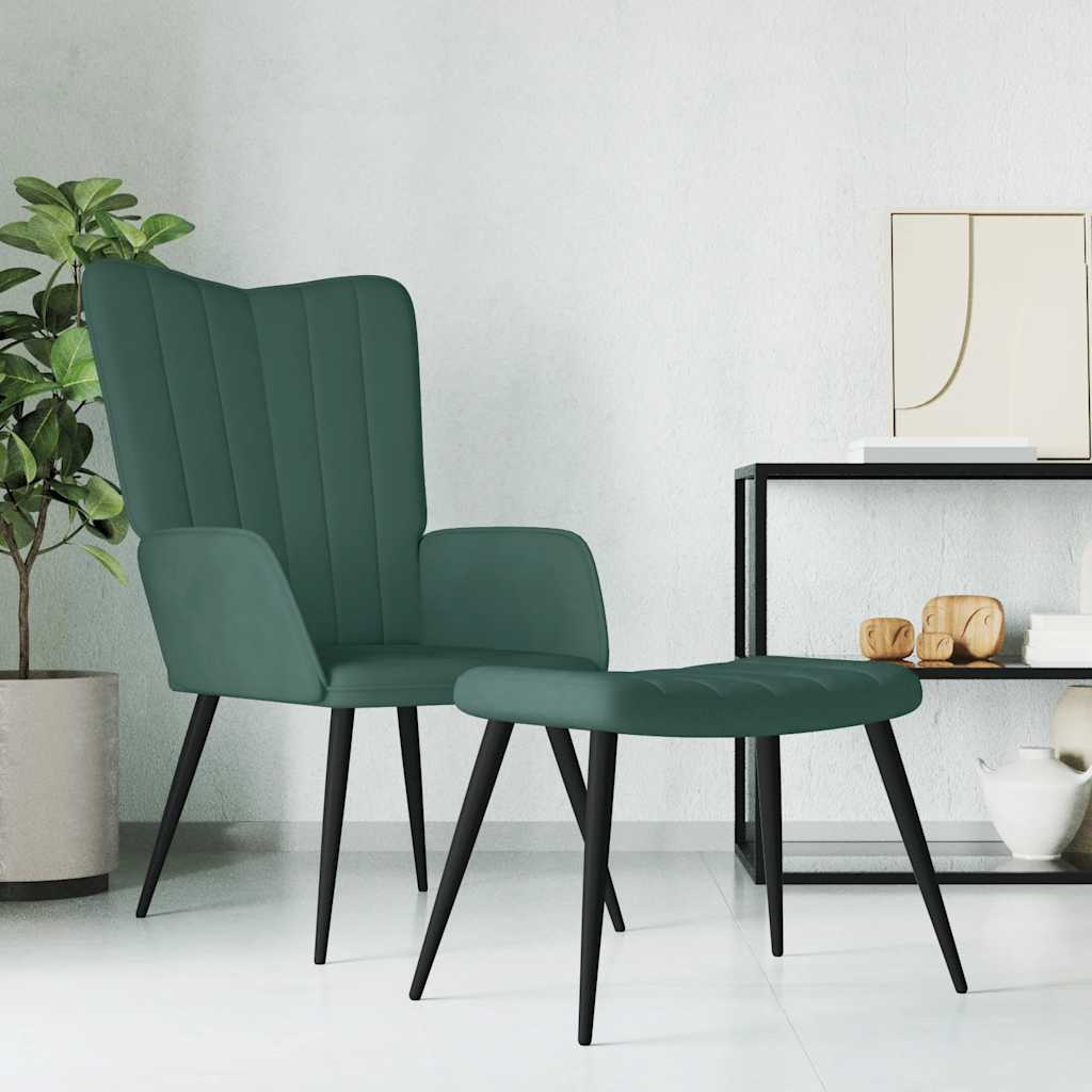 Chaise de relaxation avec tabouret Vert foncé Velours Fauteuils vidaXL   