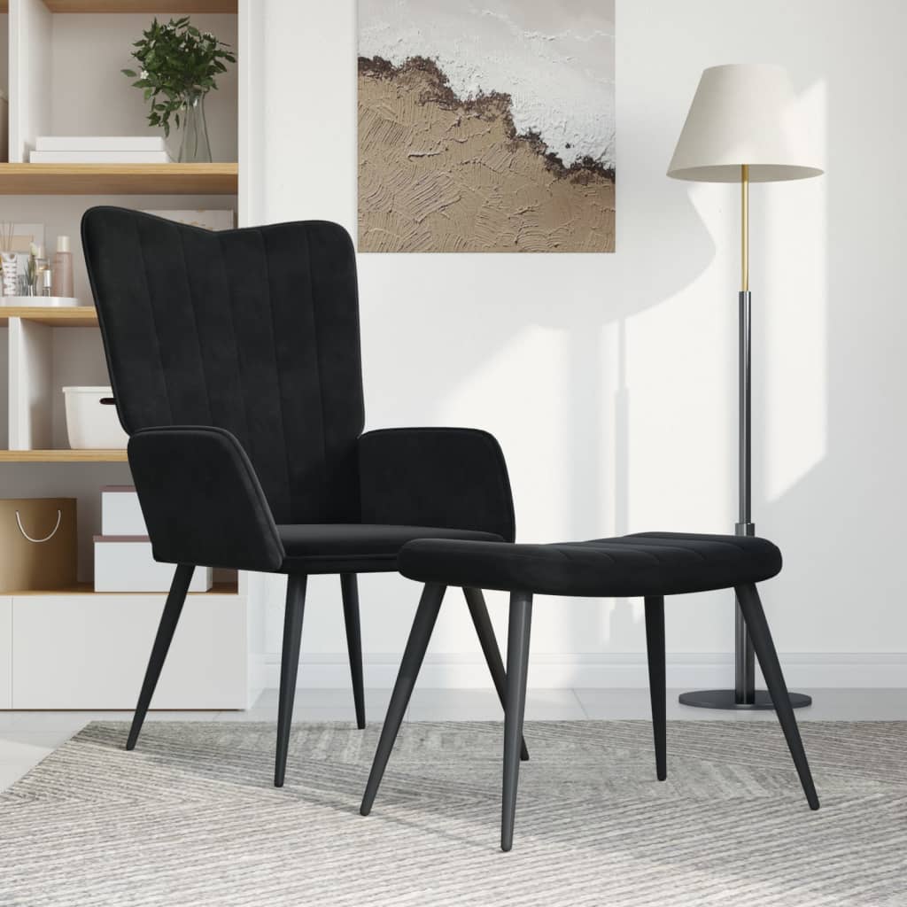 Chaise de relaxation avec tabouret Noir Velours Fauteuils vidaXL   