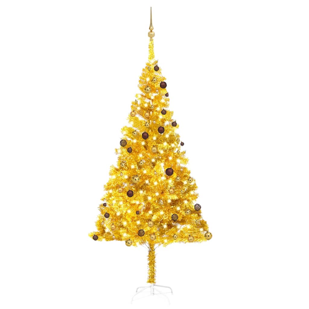 Arbre de Noël artificiel pré-éclairé et boules doré 240 cm PET - Xios Store SNC