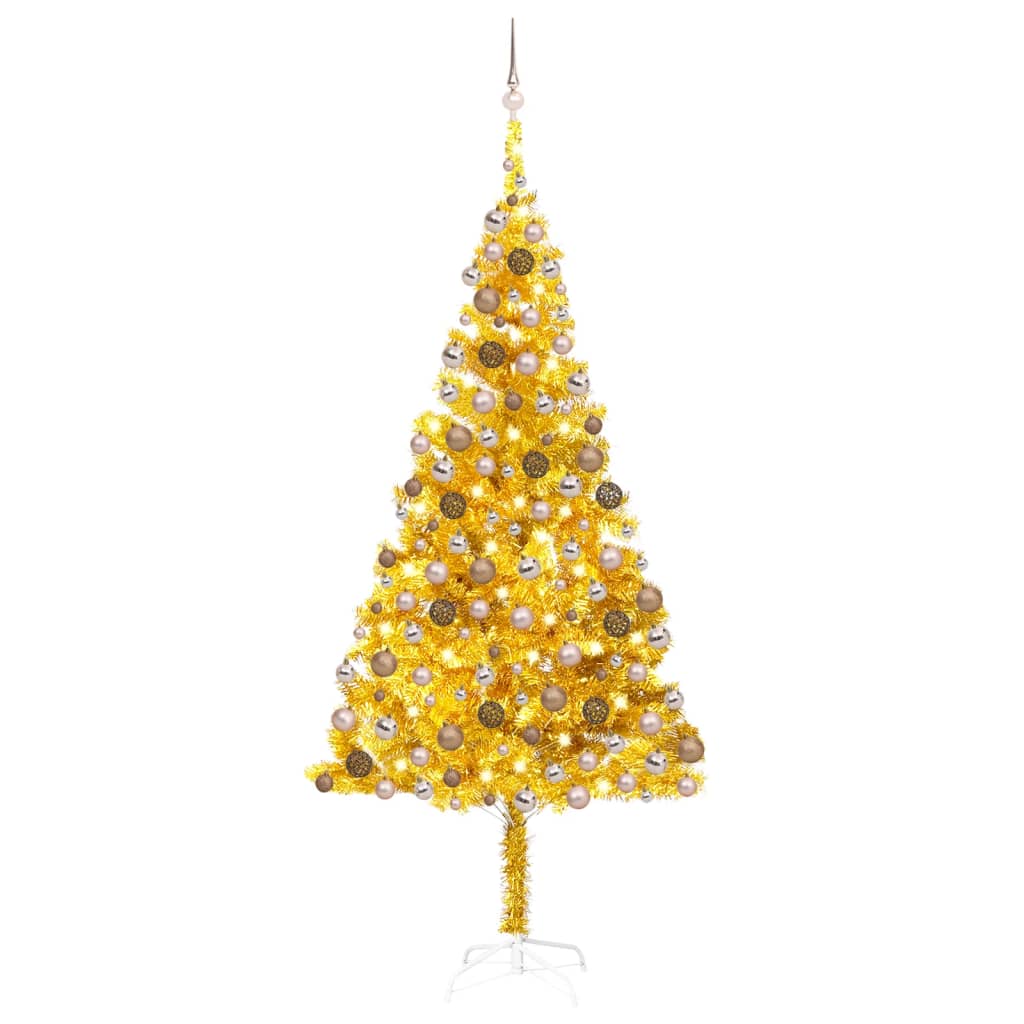 Arbre de Noël artificiel pré-éclairé et boules doré 240 cm PET - Xios Store SNC