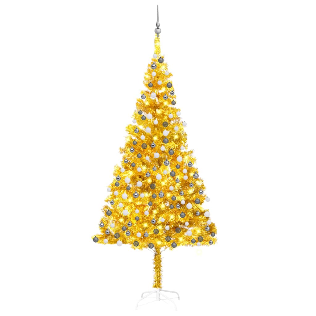 Arbre de Noël artificiel pré-éclairé et boules doré 240 cm PET - Xios Store SNC