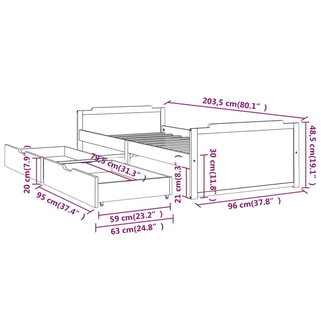 Cadre de lit avec tiroirs Bois de pin massif 90x200 cm Lits & cadres de lit vidaXL   