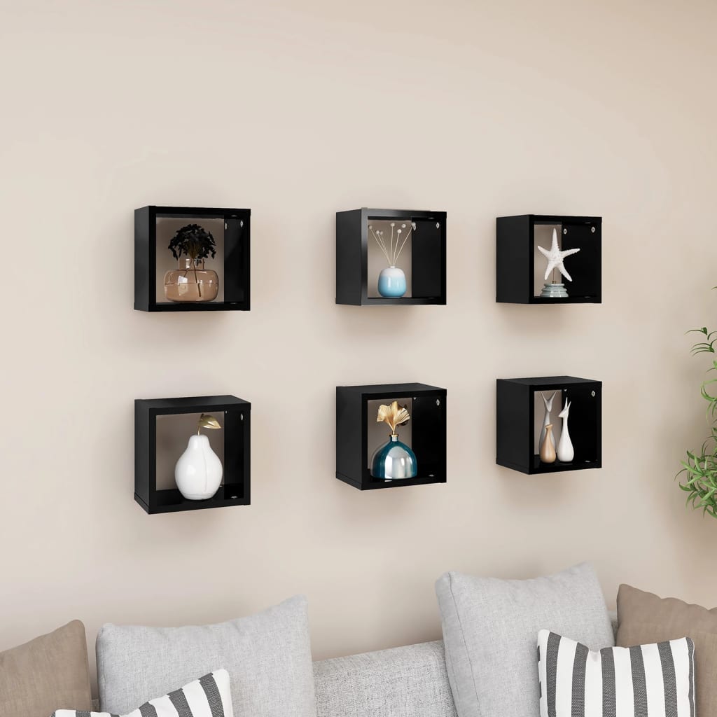 Étagères cube murales 6 pcs Noir brillant 22x15x22 cm - Xios Store SNC