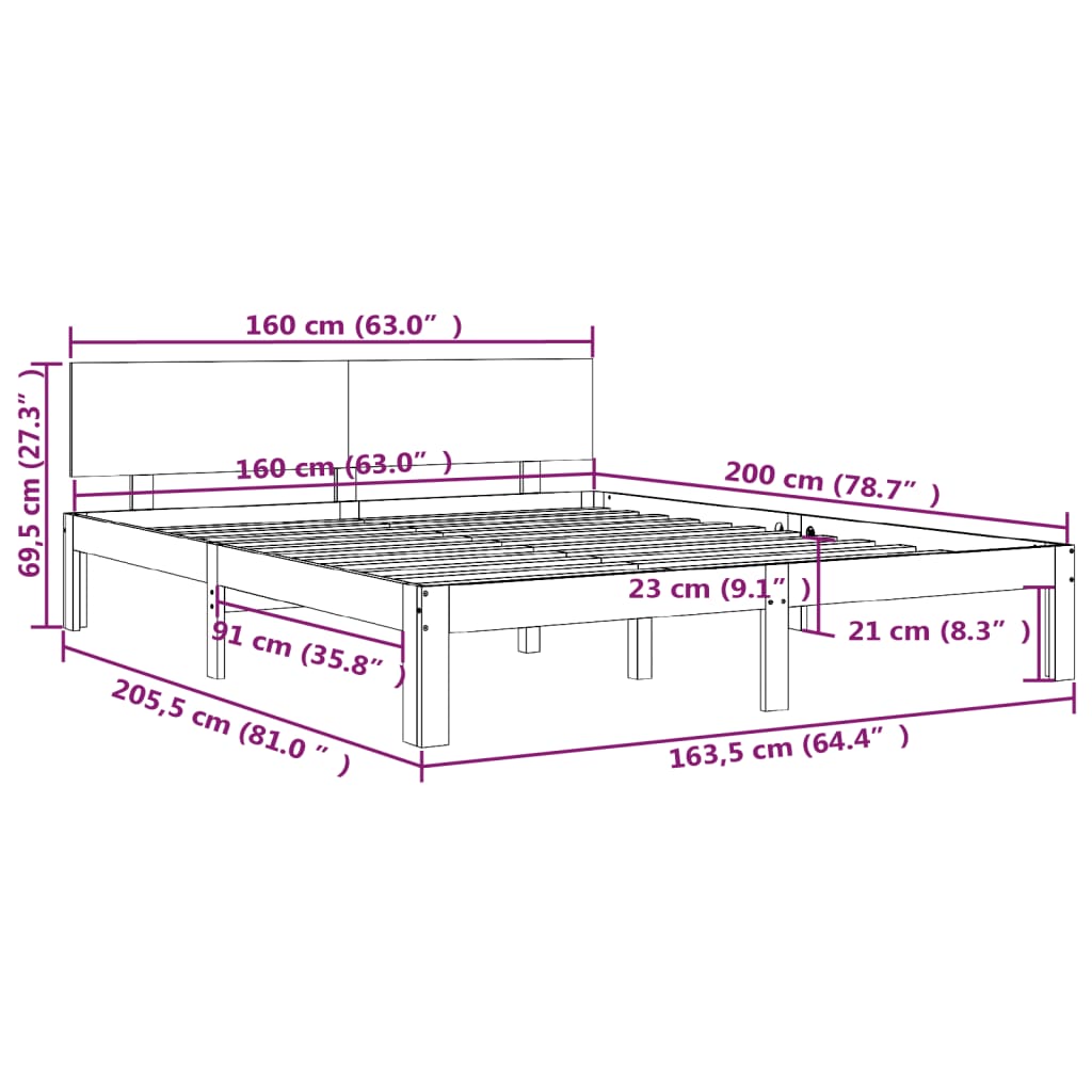 Cadre de lit Bois de pin massif 160x200 cm Lits & cadres de lit vidaXL   