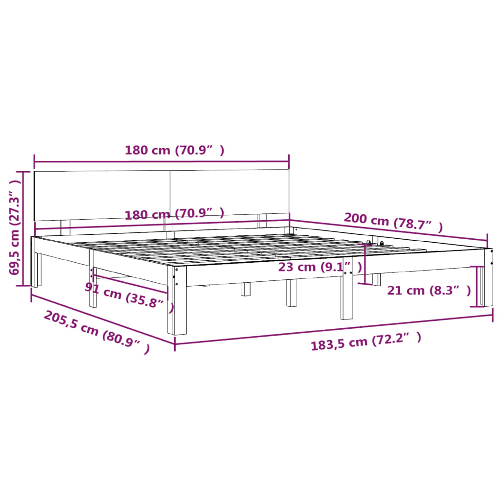 Cadre de lit bois massif 180x200 cm super king Lits & cadres de lit vidaXL   