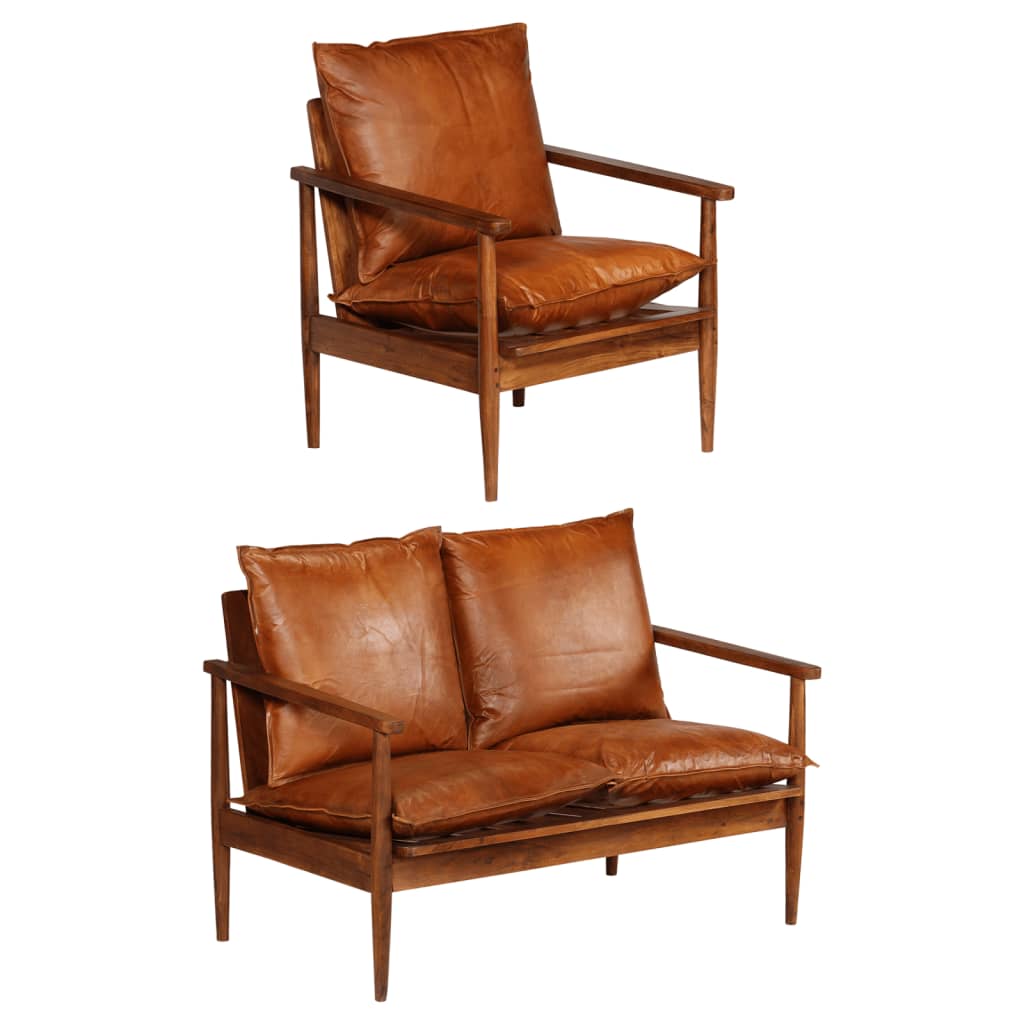 Ensemble de canapés 2 pcs Marron Cuir véritable et acacia Canapés vidaXL   