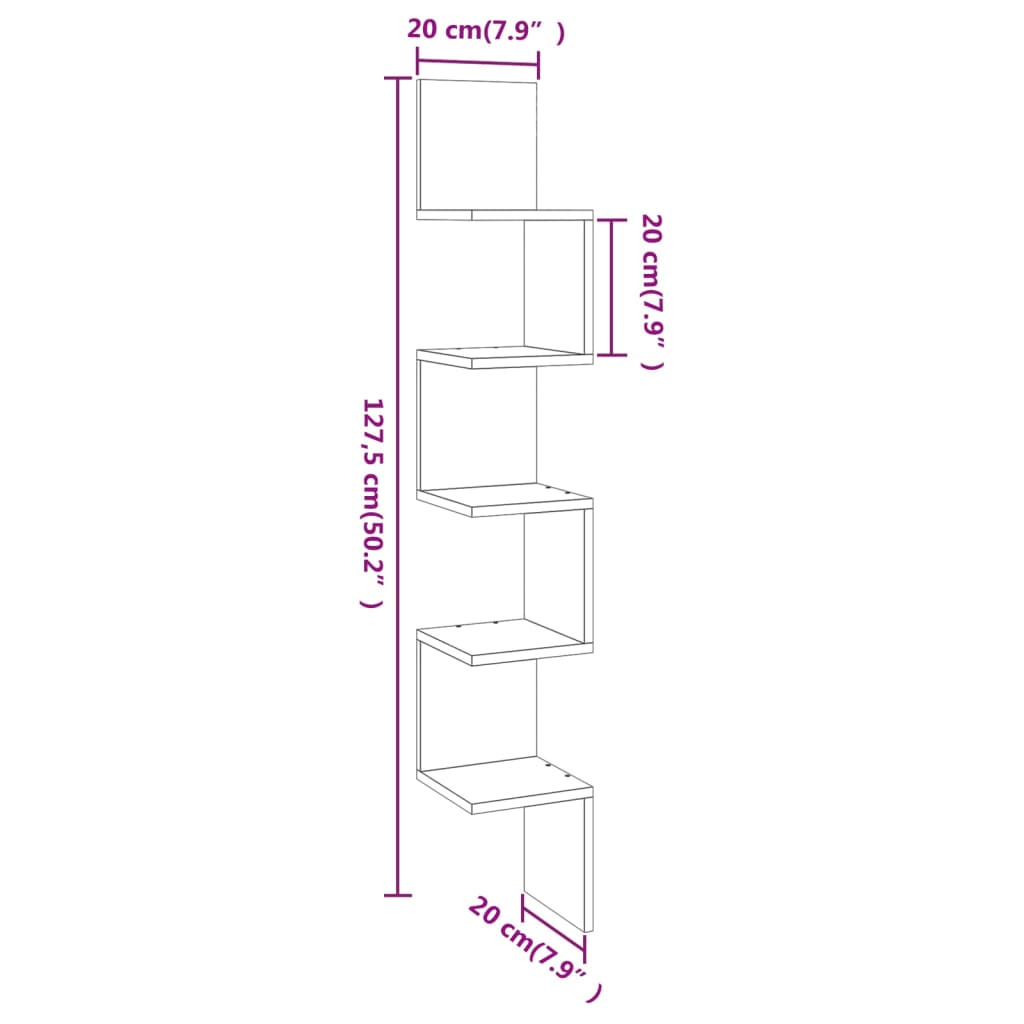 Étagère d'angle murale Chêne brun 20x20x127,5cm Bois ingénierie Étagères murales & corniches vidaXL   