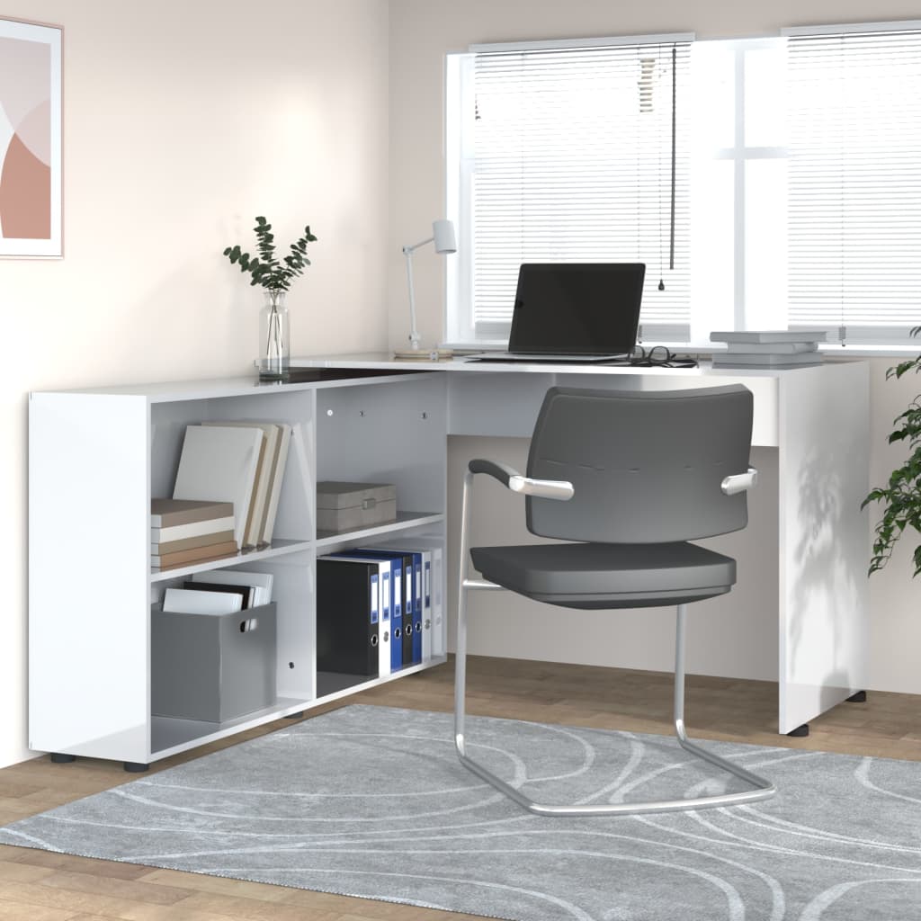 Bureau d'angle Blanc brillant Bois d'ingénierie Bureaux vidaXL   