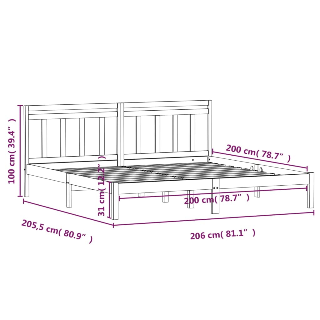 Cadre de lit Noir Bois de pin massif 200x200 cm Lits & cadres de lit vidaXL   