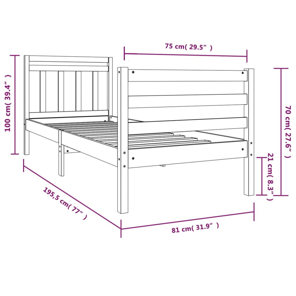 Cadre de lit 75x190 cm Petit simple Bois massif Lits & cadres de lit vidaXL   