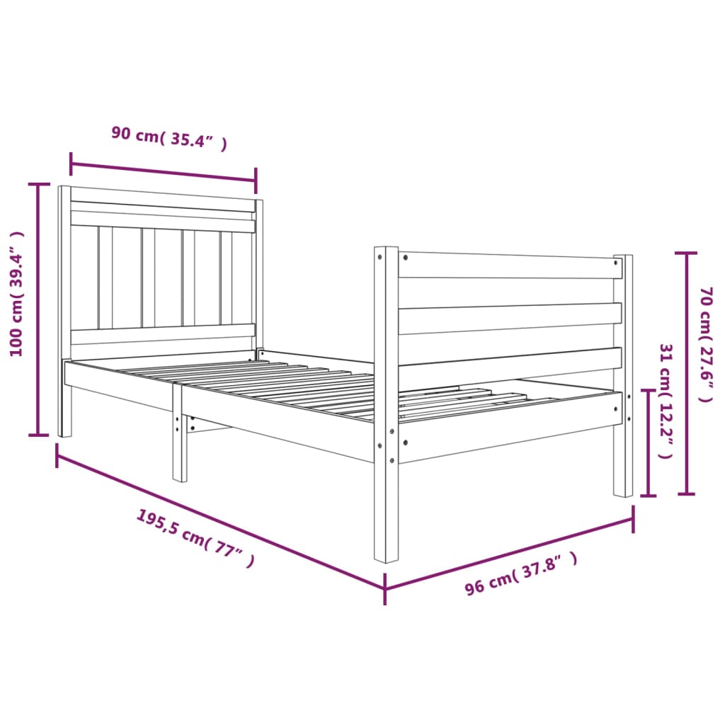 Cadre de lit Blanc 90x190 cm Simple Bois massif Lits & cadres de lit vidaXL   